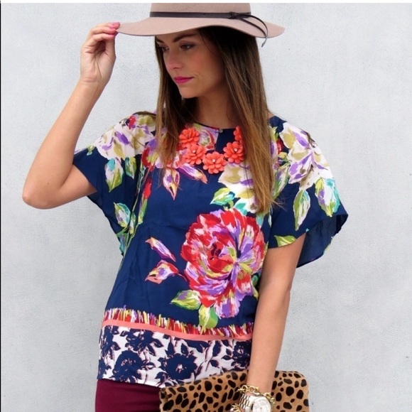 Anthropology Maeve silk Gardenia floral flutter sleeve blouse - Picture 2 of 9